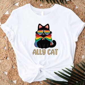 Pride Ally Cat T Shirt Retro Rainbow Colors Graphic LGBT Cat Meme Fan Gift 89